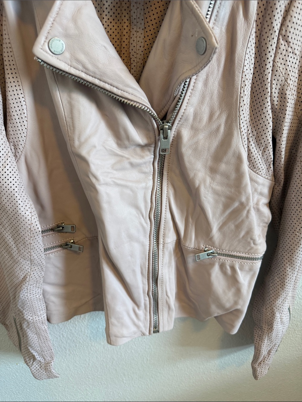 Perforated Light Pink Leather Biker Jacket by Massimo - Picture 3 of 5
